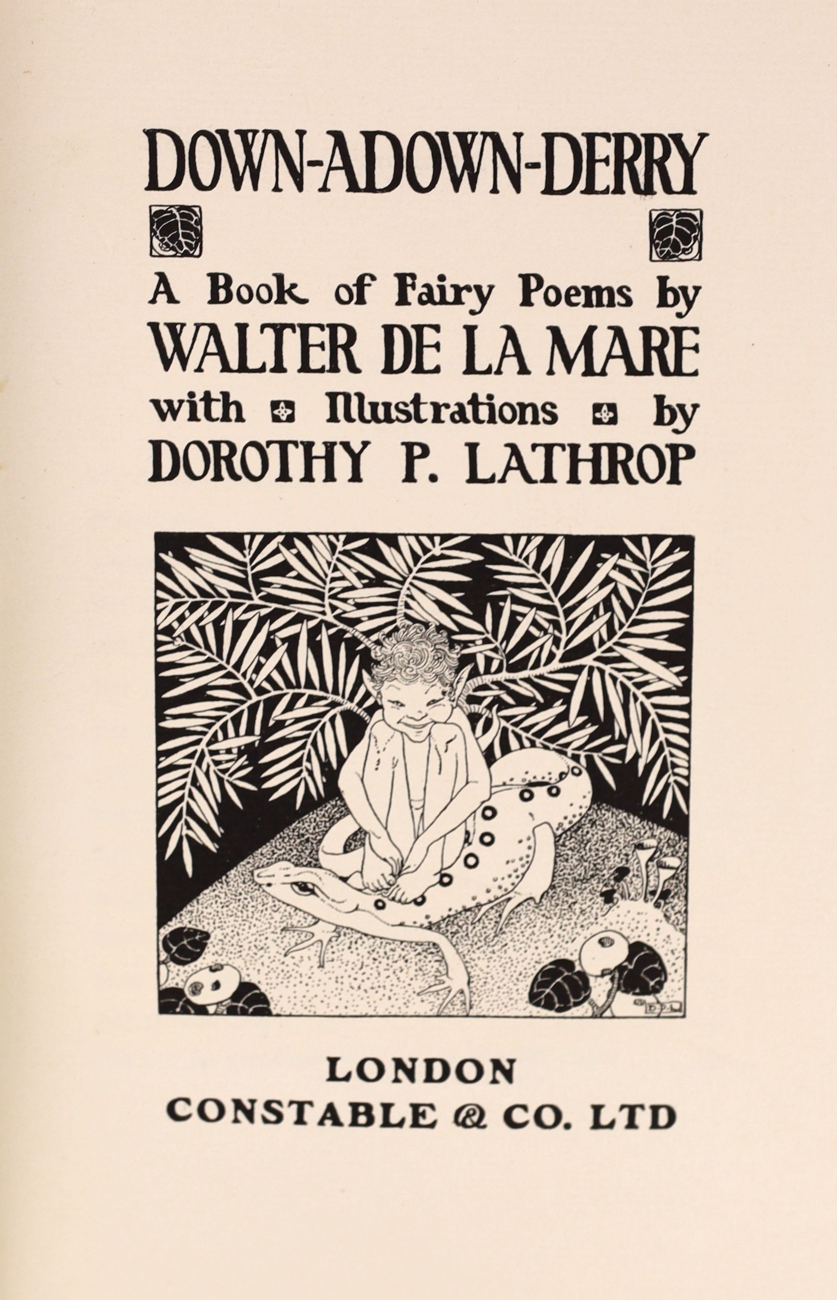 De la Mare, Walter - Down-Adown-Derry, one of 325, signed by the author, illustrated by Dorothy Lathrop, 4to, original vellum gilt, with 3 coloured plates, London, 1922